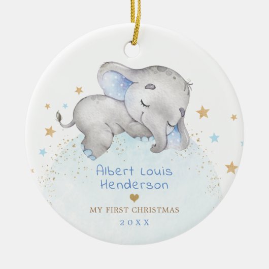 Sweet Blue Gold Elephant Baby 1e Kerstmis Keramisch Ornament (Voorkant)