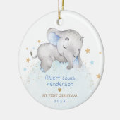 Sweet Blue Gold Elephant Baby 1e Kerstmis Keramisch Ornament (Links)