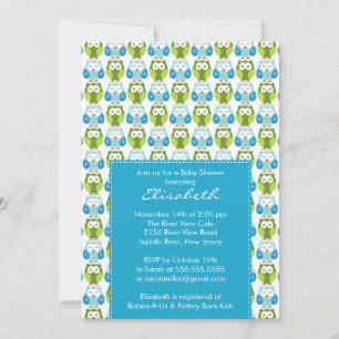 Sweet Blue Green Owls Boy Baby shower Invitation Kaart