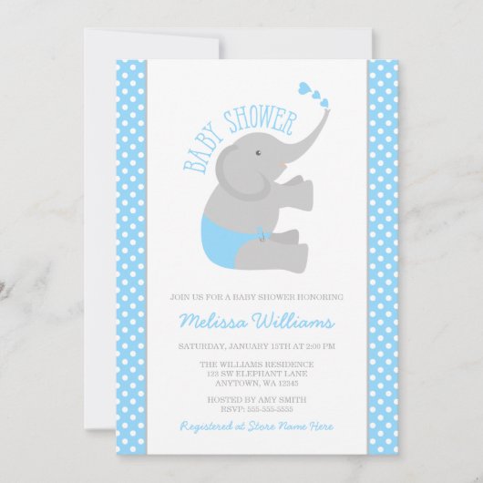 Sweet Blue Grey Elephant Baby Shower Invitations Kaart (Voorkant)