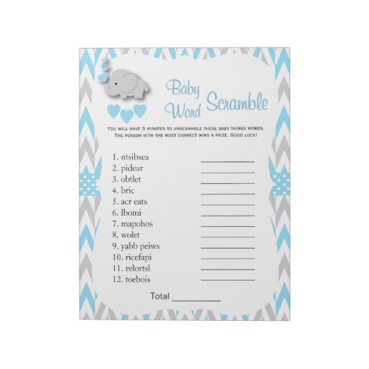Sweet Blue & Grey Elephant Baby shower Word Game 2 Notitieblok (Linkerzijde)