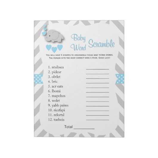 Sweet Blue & Grey Elephant Baby shower Word Game Notitieblok (Linkerzijde)
