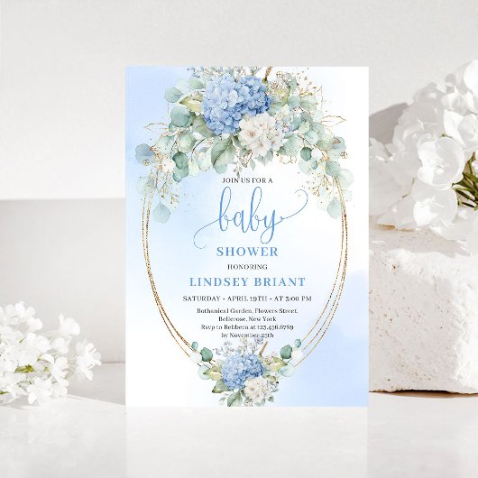 Sweet Blue Hydrangea Floral Baby Shower Invitation Kaart