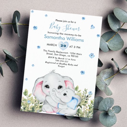 Sweet Blue Mommy Baby Elephant Baby shower Kaart