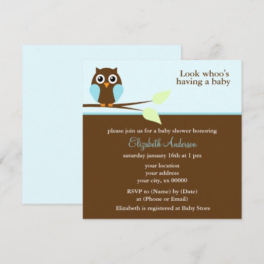 Sweet Blue Owl Boy Baby shower Kaart (Voorkant / Achterkant)