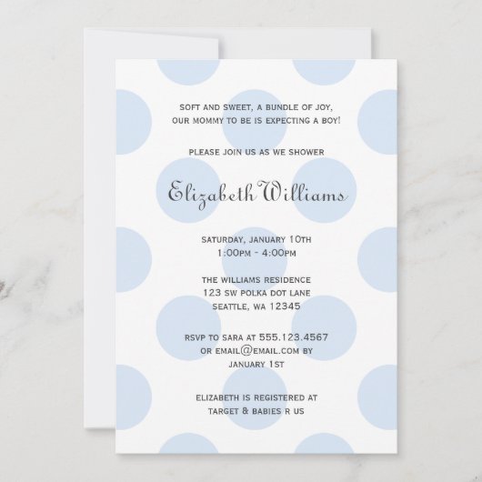 Sweet Blue Polka Dots Baby Boy Shower Invitation Kaart (Voorkant)