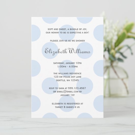 Sweet Blue Polka Dots Baby Boy Shower Invitation Kaart (Staand voorkant)