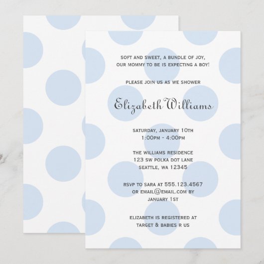 Sweet Blue Polka Dots Baby Boy Shower Invitation Kaart (Voorkant / Achterkant)