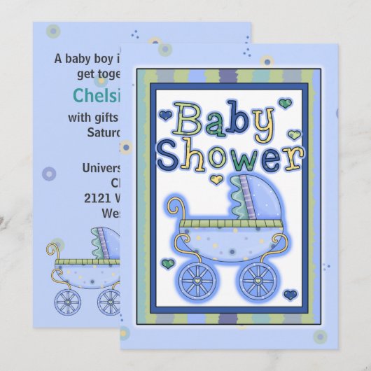 Sweet Blue Stroller Baby Shower-uitnodiging Kaart (Voorkant / Achterkant)