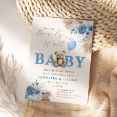 Sweet Blue Teddy Bear Baby shower Pampas Bloemen Kaart