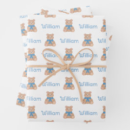 Sweet Blue Teddy Bear met Bow Baby shower Inpakpapier Vel