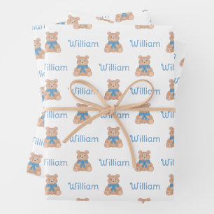 Sweet Blue Teddy Bear met Bow Baby shower Inpakpapier Vel