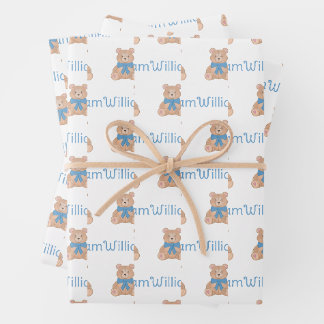 Sweet Blue Teddy Bear met Bow Baby shower Inpakpapier Vel