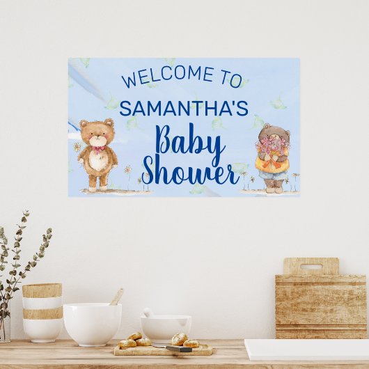 Sweet Blue Waterverf Teddy Bear Boy Baby shower Poster (Keuken)