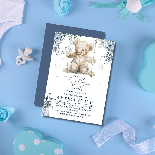 Sweet Blue Waterverf Teddy Boy Baby shower Kaart
