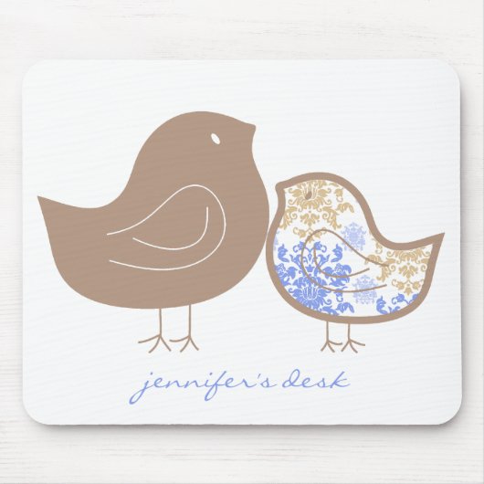 Sweet Blue Whimsical Cute Damask Chicks Mousepad Muismat (Voorkant)