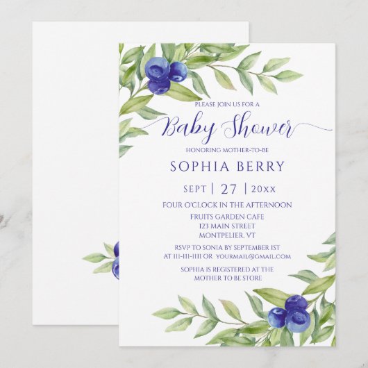 Sweet Blueberry Elegant Baby shower Kaart (Voorkant / Achterkant)