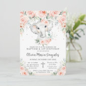 Sweet Blush Floral Elephant Baptisme 1st Birthday Kaart (Staand voorkant)