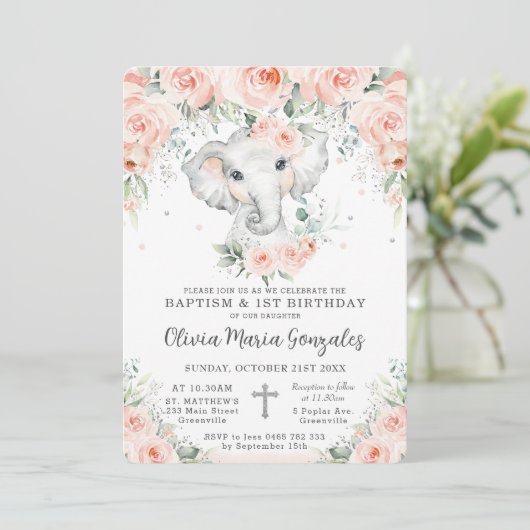 Sweet Blush Floral Elephant Baptisme 1st Birthday Kaart (Staand voorkant)
