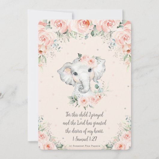 Sweet Blush Floral Elephant Baptisme 1st Birthday Kaart (Achterkant)