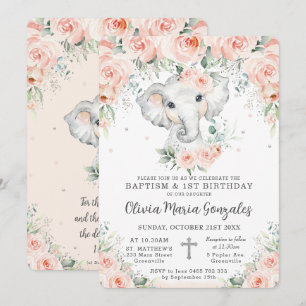 Sweet Blush Floral Elephant Baptisme 1st Birthday Kaart