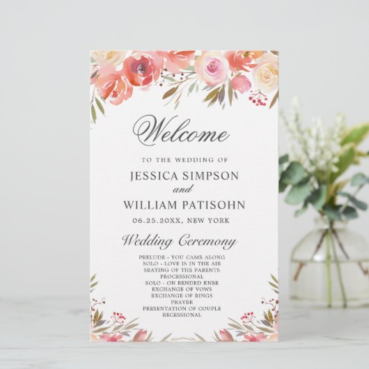 Sweet Blush Floral Floral Wedding Ceremony Program (Staand voorkant)