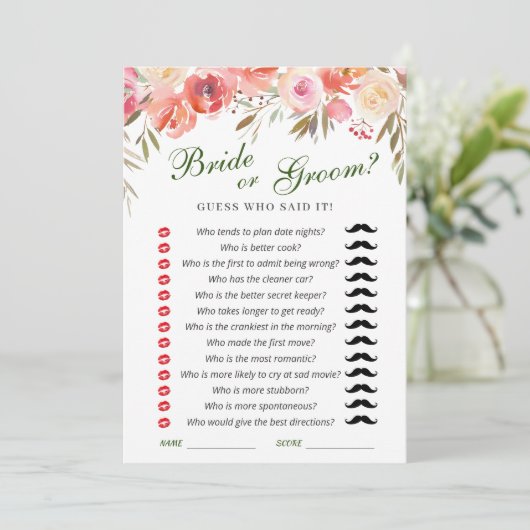 Sweet Blush Flowers Vrijgezellenfeest Game Kaart (Staand voorkant)