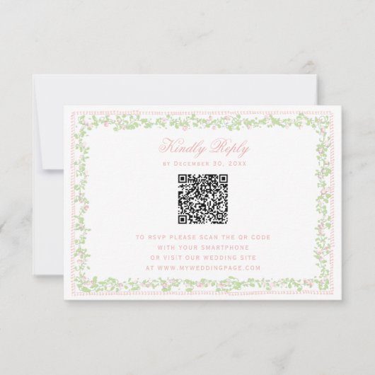 Sweet Blush Pink Floral Frame RSVP w/ Bow QR Code (Voorkant)