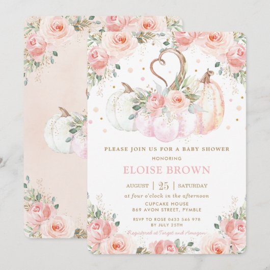 Sweet Blush Pink Floral Pumpkins Baby shower Kaart (Voorkant / Achterkant)