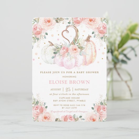 Sweet Blush Pink Floral Pumpkins Baby shower Kaart (Staand voorkant)