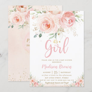 Sweet Blush Roze Bloemen Goud Meisje Baby shower Kaart