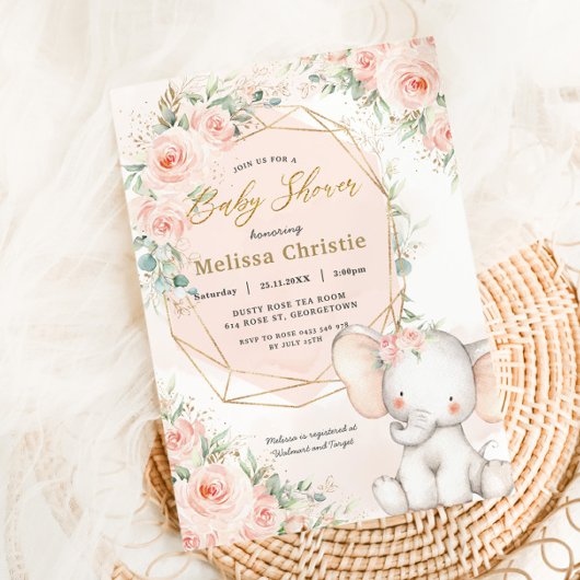 Sweet Blush Roze Bloemen Leuke Olifant Baby shower Kaart