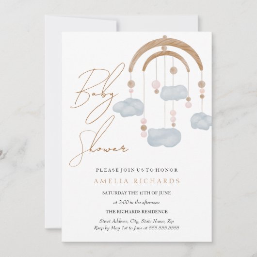Sweet Boho Blue Cloud Mobile Baby shower Kaart (Voorkant)