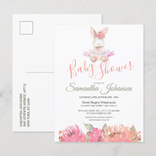 Sweet Boho Bunny Pink Floral Baby shower Uitnodiging Briefkaart