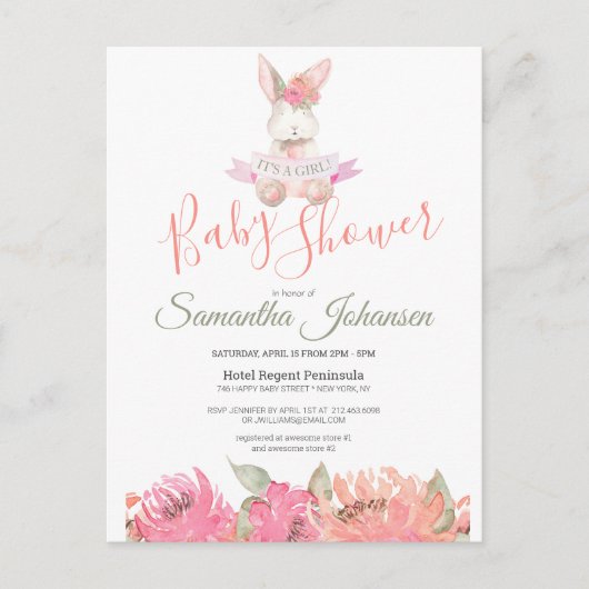 Sweet Boho Bunny  Pink Floral Baby shower Uitnodiging Briefkaart (Voorkant)