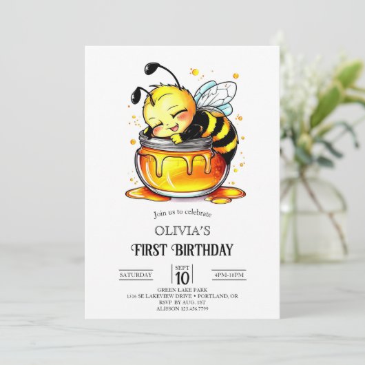 Sweet Boho Digital Bee 1e Verjaardag Kaart (Staand voorkant)