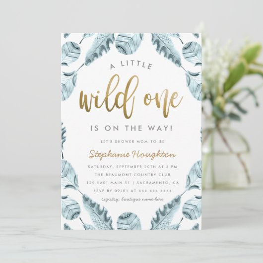 Sweet Boho Feathers Gold Wild One Boy Baby shower Kaart (Staand voorkant)