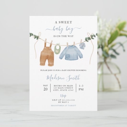 Sweet Boho Neutral Clothesline Boy Baby shower Kaart (Staand voorkant)