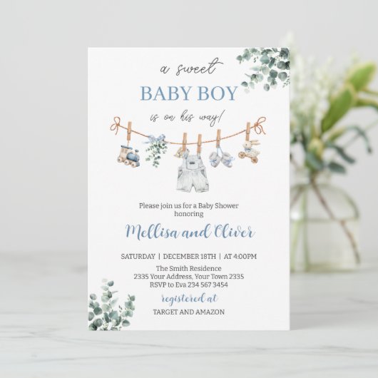 Sweet Boho Neutral Clothesline Boy Baby Shower Kaart (Staand voorkant)