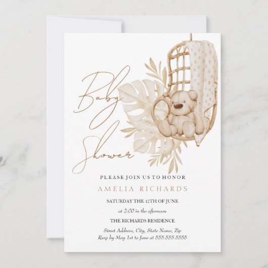 Sweet Boho Teddy Bear Blush Baby shower Kaart (Voorkant)