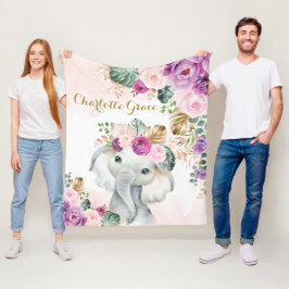 Sweet Boho Tropical Elephant Blush Paarse Floral Fleece Deken