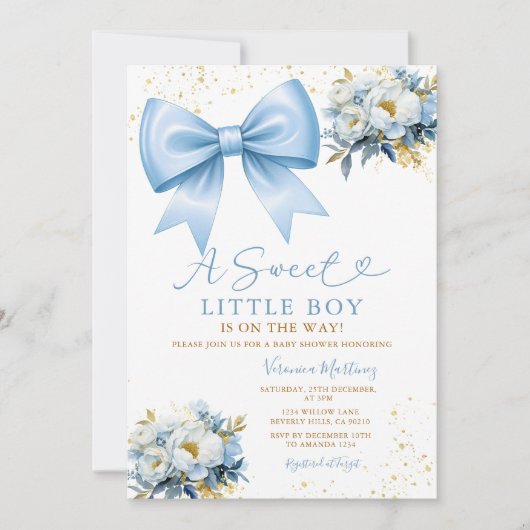 Sweet Boy Blue Bow Coquette Baby Shower Floral Kaart (Voorkant)