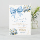 Sweet Boy Blue Bow Coquette Baby Shower Floral Kaart (Staand voorkant)