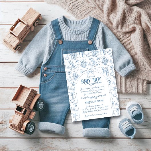 Sweet Boy Dusty Blue Whimsical Floral Baby shower Kaart