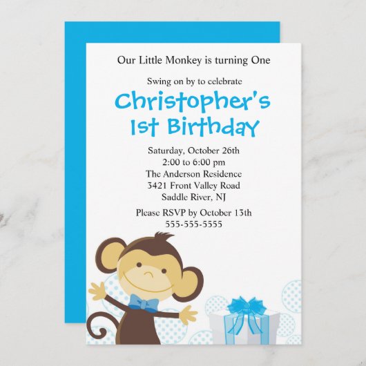 Sweet Boy Monkey Birthday Uitnodiging (Voorkant / Achterkant)