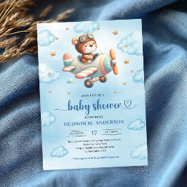 Sweet Boy Shower Invitation Teddy Bear Pilot Blue Kaart