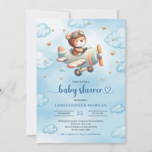 Sweet Boy Shower Invitation Teddy Bear Pilot Blue  Kaart (Voorkant)