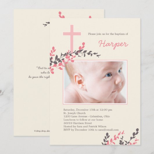 Sweet Branches Doopuitnodiging - Roze Kaart (Voorkant / Achterkant)