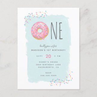 Sweet Bright Pink Donut met Sprinkle 1st Birthday Uitnodiging Briefkaart