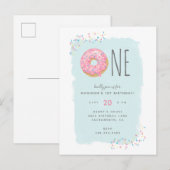 Sweet Bright Pink Donut met Sprinkle 1st Birthday Uitnodiging Briefkaart (Voorkant / Achterkant)